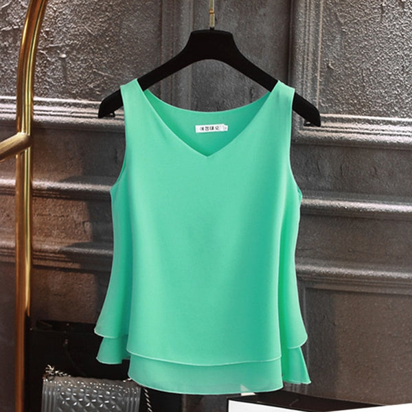 2020 Fashion Brand Women's blouse Tops Summer sleeveless Chiffon shirt Solid V-neck Casual blouse Plus Size 5XL Loose Female Top