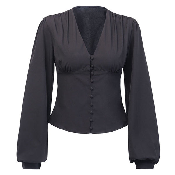 WannaThis Blouses Woman 2019 Sexy Deep V-Neck Black Button Lantern Long Sleeve Slim Fashion Autumn New Elegant Lady Shirt Top