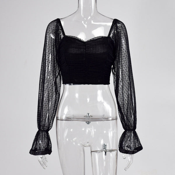 Cryptographic Square Collar Ruched Sexy Blouse Shirts Female See Through Mesh Polka Dot Fashion Long Sleeve Crop Tops Shirt