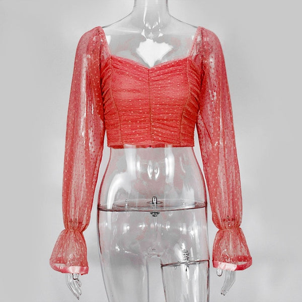 Cryptographic Square Collar Ruched Sexy Blouse Shirts Female See Through Mesh Polka Dot Fashion Long Sleeve Crop Tops Shirt
