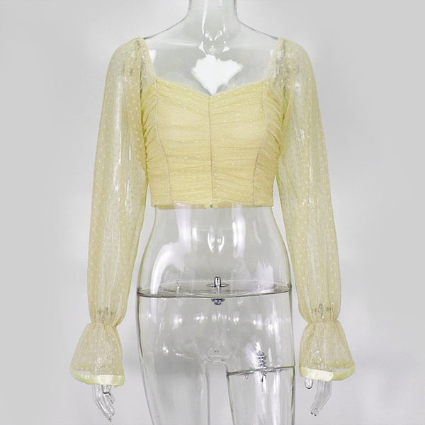 Cryptographic Square Collar Ruched Sexy Blouse Shirts Female See Through Mesh Polka Dot Fashion Long Sleeve Crop Tops Shirt