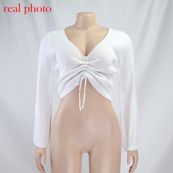 Cryptographic Fashion V-Neck Drawstring Ruched Female Crop Tops Casual Long Sleeve Striped Blouses for Women 2020 Autumn Winter