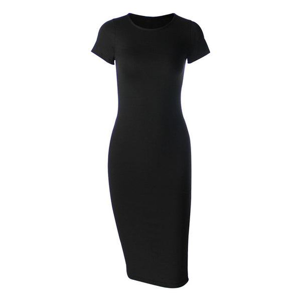 Cotton Long Spring Party Dress Fashion Solid O-Neck Short Sleeve Office Lady Summer Dress Plus Size Slim Casual Pencil Vestidos