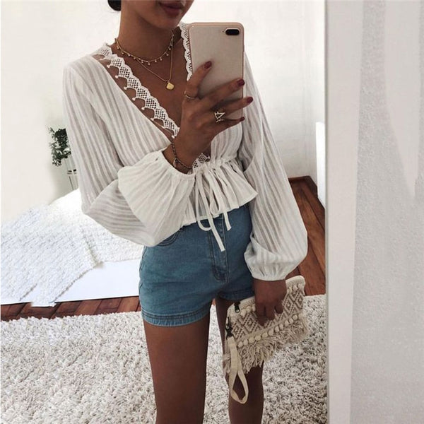Fashion Womens Tops and Blouses Elegant Long Sleeve Lace Top V Neck OL Shirt Ladies Dames Party Club tunique femme Streetwear