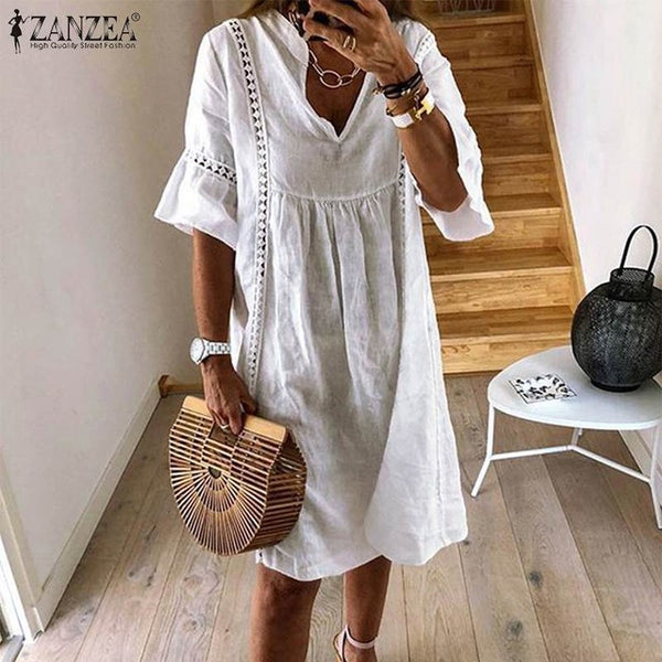 ZANZEA 2020 Summer Lace Dress Women's Sundress Fashion Flare Sleeve Short Vestido Female Bohemian V Neck Party Shirt Robe Femme
