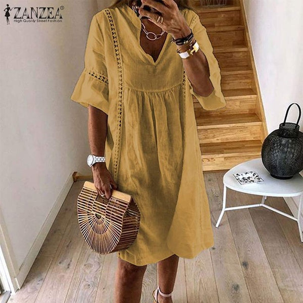 ZANZEA 2020 Summer Lace Dress Women's Sundress Fashion Flare Sleeve Short Vestido Female Bohemian V Neck Party Shirt Robe Femme