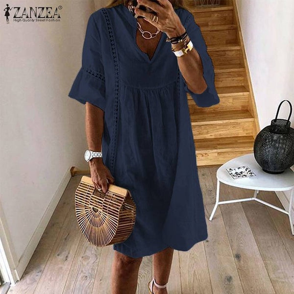 ZANZEA 2020 Summer Lace Dress Women's Sundress Fashion Flare Sleeve Short Vestido Female Bohemian V Neck Party Shirt Robe Femme