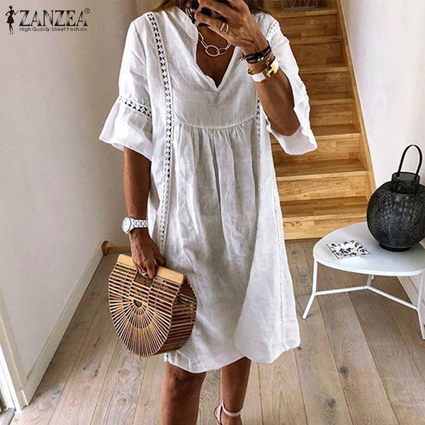 ZANZEA 2020 Summer Lace Dress Women's Sundress Fashion Flare Sleeve Short Vestido Female Bohemian V Neck Party Shirt Robe Femme