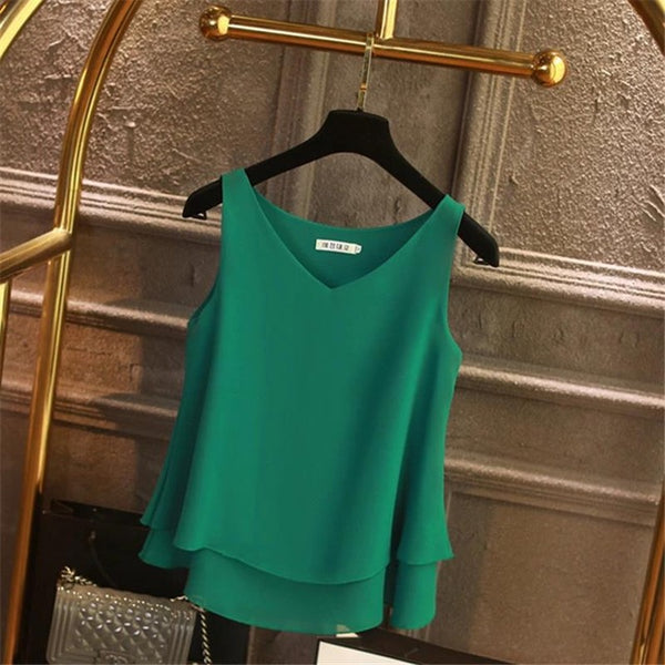 2020 Fashion Brand Women's blouse Tops Summer sleeveless Chiffon shirt Solid V-neck Casual blouse Plus Size 5XL Loose Female Top