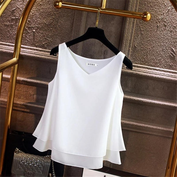 2020 Fashion Brand Women's blouse Tops Summer sleeveless Chiffon shirt Solid V-neck Casual blouse Plus Size 5XL Loose Female Top