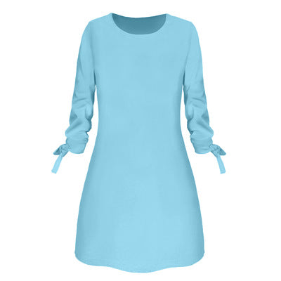 Women Fashion O-neck Solid Bow Elegant Straight Dress Spring Loose Mini Dresses 3/4 Sleeve Bow comfortable Plus Size