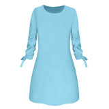 Women Fashion O-neck Solid Bow Elegant Straight Dress Spring Loose Mini Dresses 3/4 Sleeve Bow comfortable Plus Size