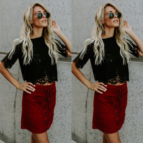 2019 Red Loose Blouse Women Short Sleeve Tops Shirt Casual Lace Tops Shirt Fashion Women Ladies Clothing Tops