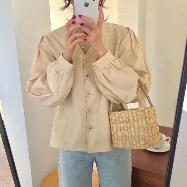 2020 Spring Summer White Blouses Tops Women V-neck Gothic Shirts Korean Fashion Vacation Tops Solid Color