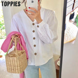 2020 Spring Summer White Blouses Tops Women V-neck Gothic Shirts Korean Fashion Vacation Tops Solid Color