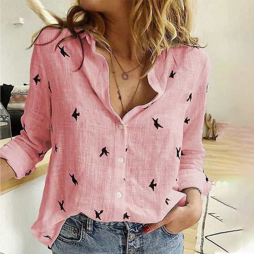 Women's Shirt Plus Size 5XL Tops Birds Printed Single Breasted Female Shirts 2020 Spring Summer Loose Casual Ladies Fashion Top