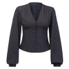 WannaThis Blouses Woman 2019 Sexy Deep V-Neck Black Button Lantern Long Sleeve Slim Fashion Autumn New Elegant Lady Shirt Top