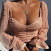 Cryptographic Square Collar Ruched Sexy Blouse Shirts Female See Through Mesh Polka Dot Fashion Long Sleeve Crop Tops Shirt