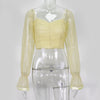 Cryptographic Square Collar Ruched Sexy Blouse Shirts Female See Through Mesh Polka Dot Fashion Long Sleeve Crop Tops Shirt