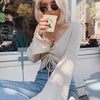 Cryptographic Fashion V-Neck Drawstring Ruched Female Crop Tops Casual Long Sleeve Striped Blouses for Women 2020 Autumn Winter