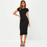 Cotton Long Spring Party Dress Fashion Solid O-Neck Short Sleeve Office Lady Summer Dress Plus Size Slim Casual Pencil Vestidos