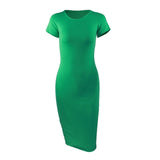 Cotton Long Spring Party Dress Fashion Solid O-Neck Short Sleeve Office Lady Summer Dress Plus Size Slim Casual Pencil Vestidos