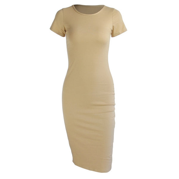 Cotton Long Spring Party Dress Fashion Solid O-Neck Short Sleeve Office Lady Summer Dress Plus Size Slim Casual Pencil Vestidos