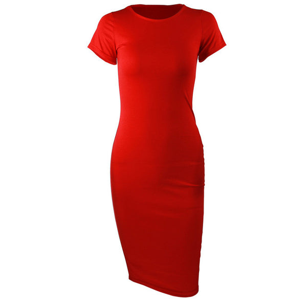 Cotton Long Spring Party Dress Fashion Solid O-Neck Short Sleeve Office Lady Summer Dress Plus Size Slim Casual Pencil Vestidos