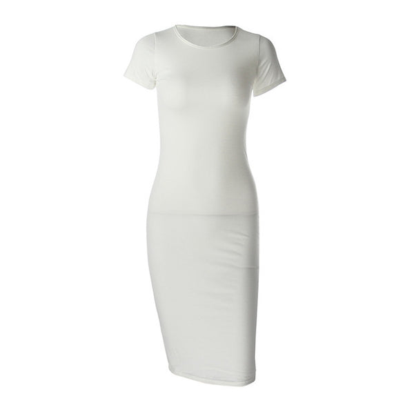 Cotton Long Spring Party Dress Fashion Solid O-Neck Short Sleeve Office Lady Summer Dress Plus Size Slim Casual Pencil Vestidos