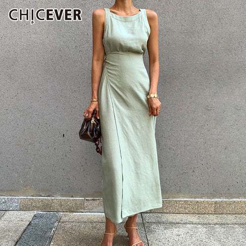 CHICEVER Summer Sleeveless Solid Dress Women O Neck Off Shoulder High Waist Bandage Elegant Midi Dresses Female Fashion 2020 New