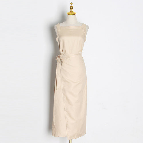 CHICEVER Summer Sleeveless Solid Dress Women O Neck Off Shoulder High Waist Bandage Elegant Midi Dresses Female Fashion 2020 New
