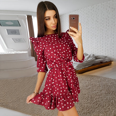 Women Fashion O-neck Solid Bow Elegant Straight Dress Spring Loose Mini Dresses 3/4 Sleeve Bow comfortable Plus Size