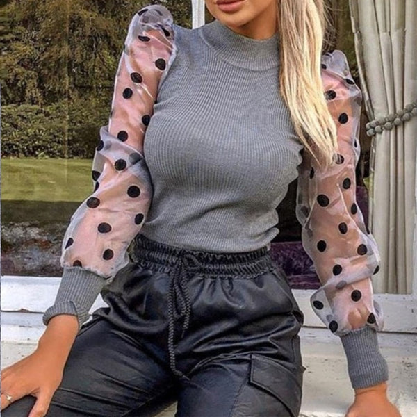 New Women Mesh Sheer Blouse See-through Puff Long Sleeve Blouse Fashion Pearl Transparent White Shirt Female Blusas Autumn Tops