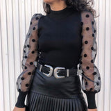 New Women Mesh Sheer Blouse See-through Puff Long Sleeve Blouse Fashion Pearl Transparent White Shirt Female Blusas Autumn Tops