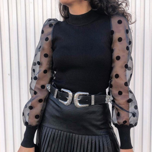 New Women Mesh Sheer Blouse See-through Puff Long Sleeve Blouse Fashion Pearl Transparent White Shirt Female Blusas Autumn Tops