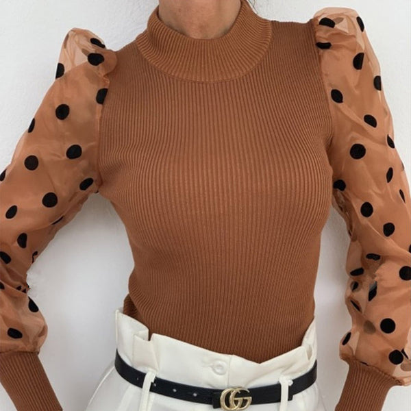 New Women Mesh Sheer Blouse See-through Puff Long Sleeve Blouse Fashion Pearl Transparent White Shirt Female Blusas Autumn Tops