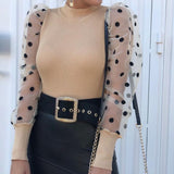 New Women Mesh Sheer Blouse See-through Puff Long Sleeve Blouse Fashion Pearl Transparent White Shirt Female Blusas Autumn Tops