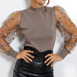 New Women Mesh Sheer Blouse See-through Puff Long Sleeve Blouse Fashion Pearl Transparent White Shirt Female Blusas Autumn Tops