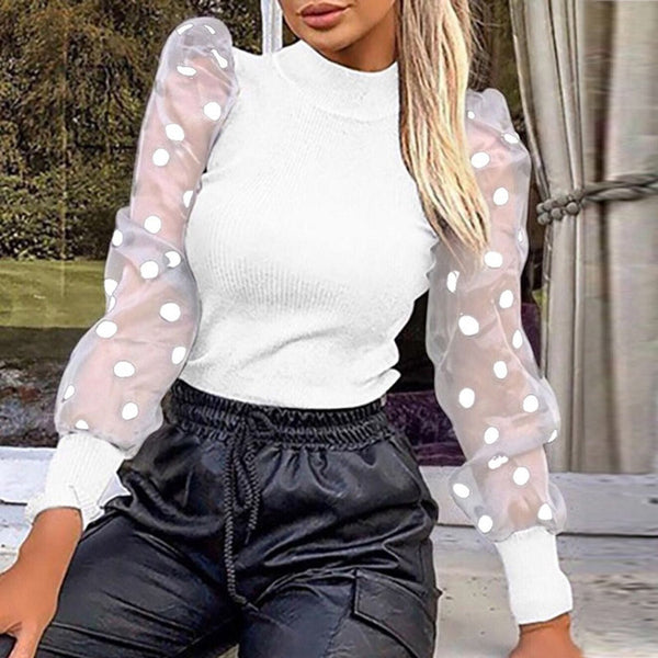 New Women Mesh Sheer Blouse See-through Puff Long Sleeve Blouse Fashion Pearl Transparent White Shirt Female Blusas Autumn Tops