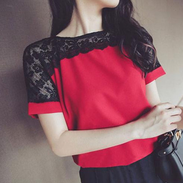 Korean Fashion Chiffon Women Blouses Lace Short Sleeve Pink Women Shirts Plus Size 4XL/5XL Womens Tops Blusas Femininas Elegante