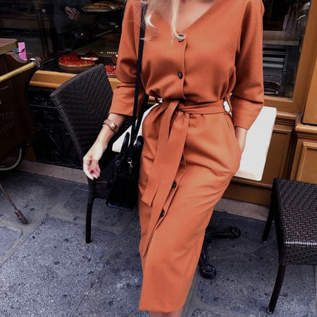 Women Fashion O-neck Solid Bow Elegant Straight Dress Spring Loose Mini Dresses 3/4 Sleeve Bow comfortable Plus Size