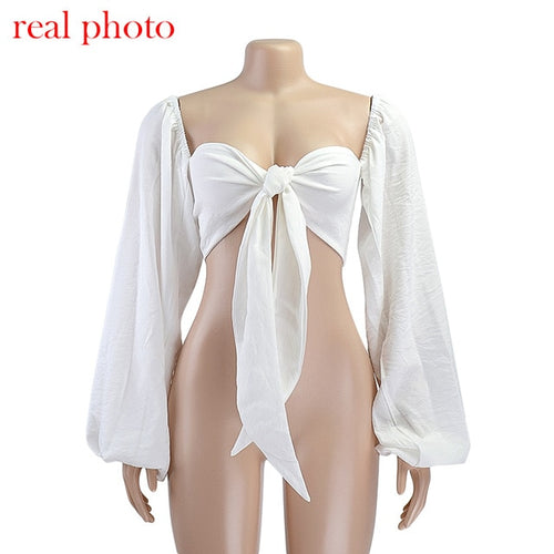 Cryptographic Sexy Backless Fashion Square Collar Cotton Women Shirts Batwing Sleeve Solid Crop Tops Women Tops And Blouses 2020